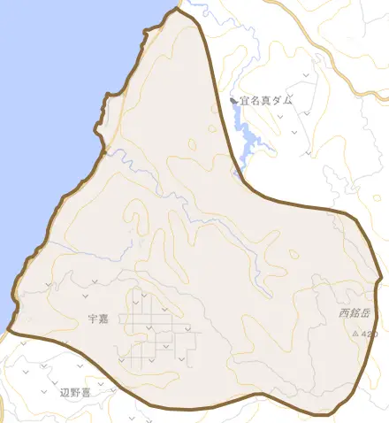 字宇嘉とその周辺の地図。町の範囲を重ねている