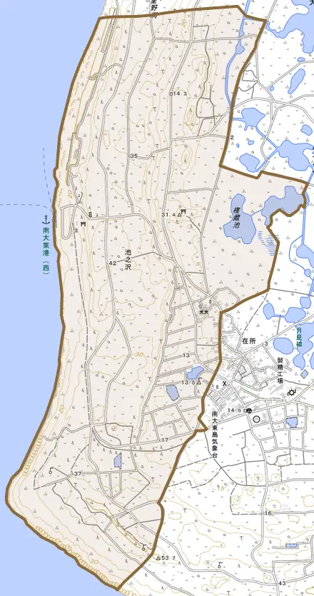 字池之沢とその周辺の地図。町の範囲を重ねている