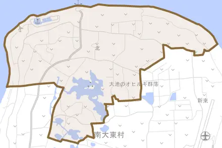 字北とその周辺の地図。町の範囲を重ねている