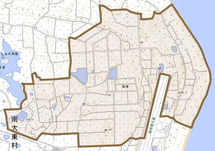 字新東とその周辺の地図。町の範囲を重ねている