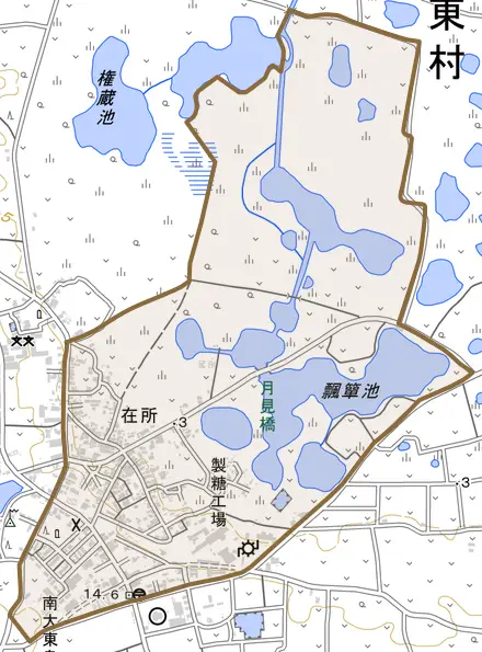 字在所とその周辺の地図。町の範囲を重ねている
