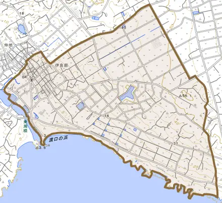 伊良部とその周辺の地図。町の範囲を重ねている