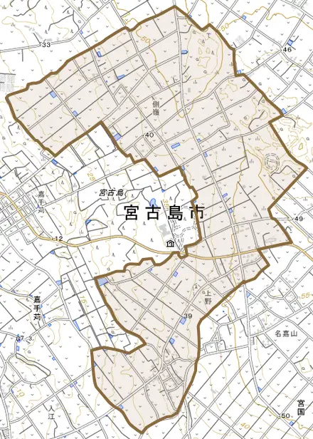 上野とその周辺の地図。町の範囲を重ねている