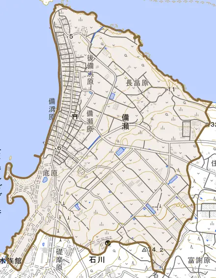 字備瀬とその周辺の地図。町の範囲を重ねている