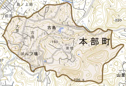字古島とその周辺の地図。町の範囲を重ねている