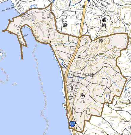 字浜元とその周辺の地図。町の範囲を重ねている
