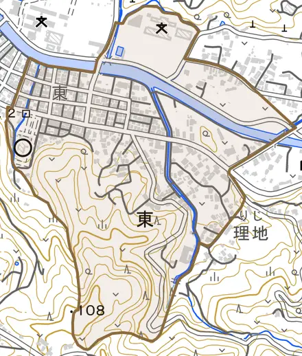 字東とその周辺の地図。町の範囲を重ねている