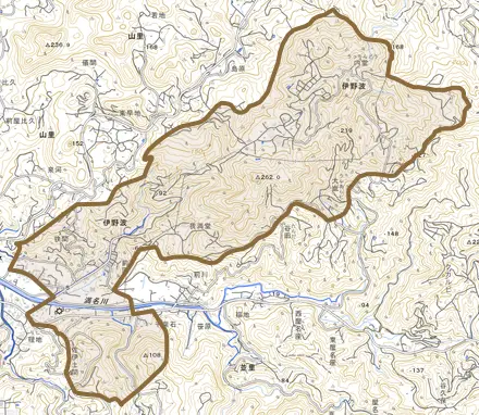 字伊野波とその周辺の地図。町の範囲を重ねている