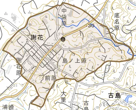 字謝花とその周辺の地図。町の範囲を重ねている
