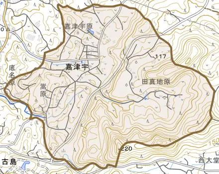 字嘉津宇とその周辺の地図。町の範囲を重ねている