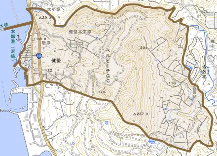 字健堅とその周辺の地図。町の範囲を重ねている