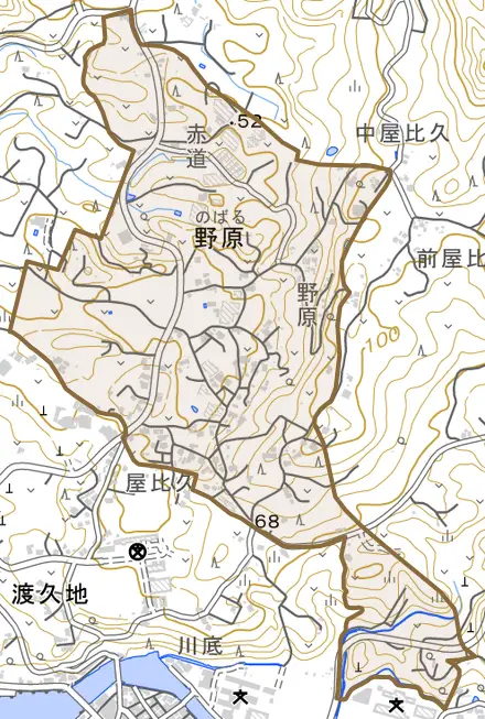 字野原とその周辺の地図。町の範囲を重ねている