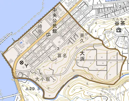 字大浜とその周辺の地図。町の範囲を重ねている