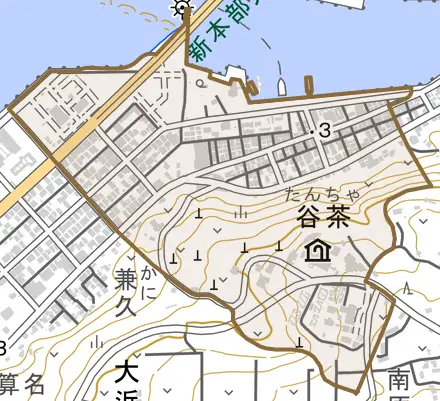 字谷茶とその周辺の地図。町の範囲を重ねている