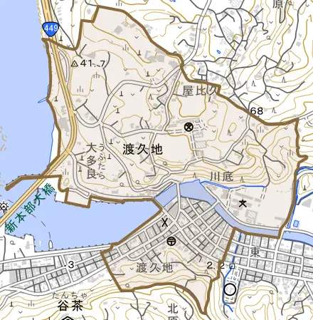 字渡久地とその周辺の地図。町の範囲を重ねている
