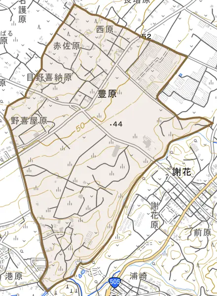 字豊原とその周辺の地図。町の範囲を重ねている