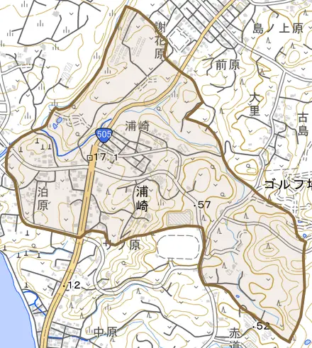 字浦崎とその周辺の地図。町の範囲を重ねている