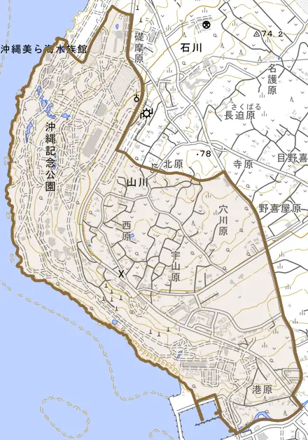 字山川とその周辺の地図。町の範囲を重ねている