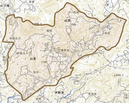 字山里とその周辺の地図。町の範囲を重ねている