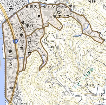 東江とその周辺の地図。町の範囲を重ねている