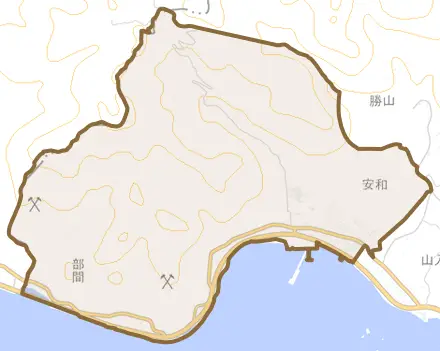 字安和とその周辺の地図。町の範囲を重ねている