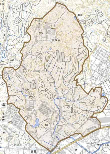 字為又とその周辺の地図。町の範囲を重ねている