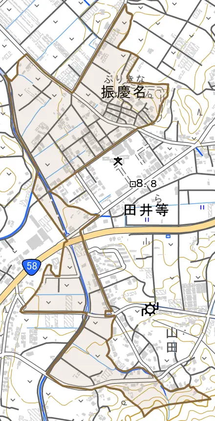 字振慶名とその周辺の地図。町の範囲を重ねている