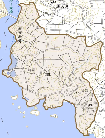 字我部とその周辺の地図。町の範囲を重ねている
