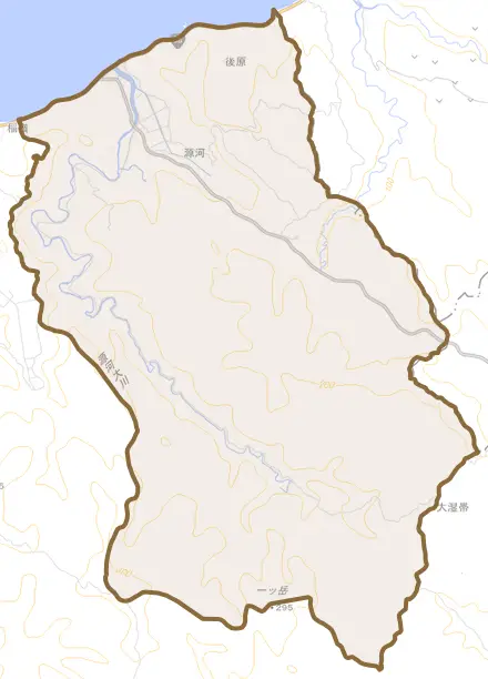 字源河とその周辺の地図。町の範囲を重ねている
