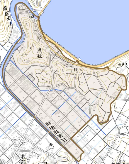 字呉我とその周辺の地図。町の範囲を重ねている