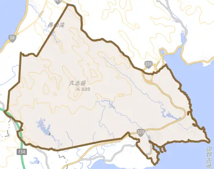 字辺野古とその周辺の地図。町の範囲を重ねている