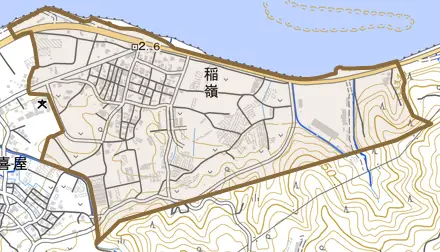 字稲嶺とその周辺の地図。町の範囲を重ねている
