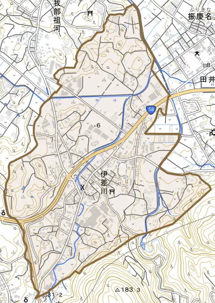 字伊差川とその周辺の地図。町の範囲を重ねている