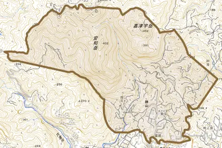字勝山とその周辺の地図。町の範囲を重ねている