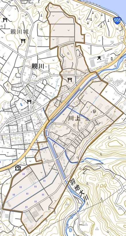 字川上とその周辺の地図。町の範囲を重ねている
