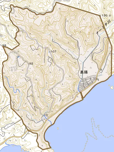 字嘉陽とその周辺の地図。町の範囲を重ねている