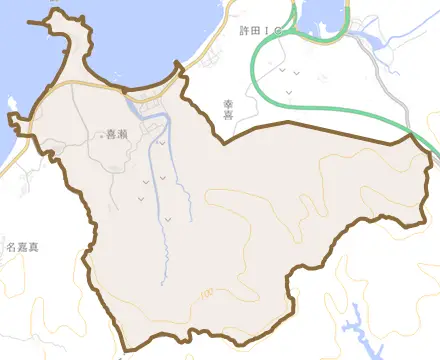 字喜瀬とその周辺の地図。町の範囲を重ねている
