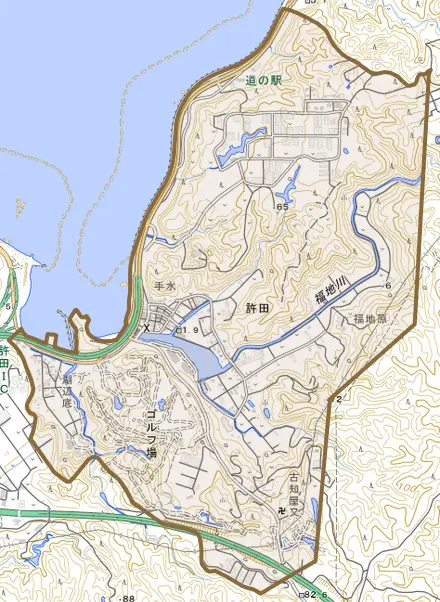 字許田とその周辺の地図。町の範囲を重ねている