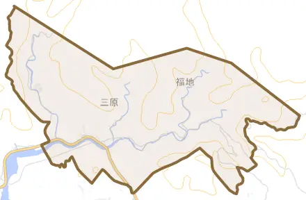 字三原とその周辺の地図。町の範囲を重ねている