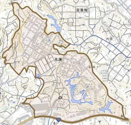 字名護とその周辺の地図。町の範囲を重ねている