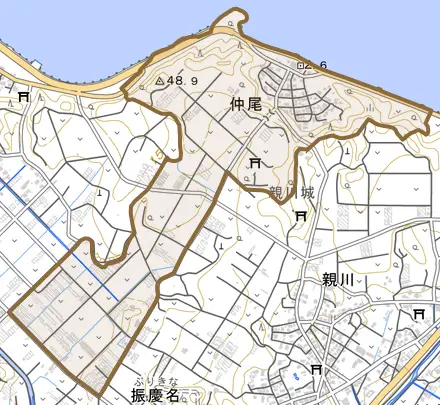 字仲尾とその周辺の地図。町の範囲を重ねている