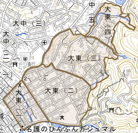 大東とその周辺の地図。町の範囲を重ねている