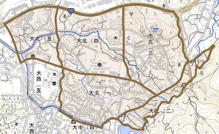 大北とその周辺の地図。町の範囲を重ねている