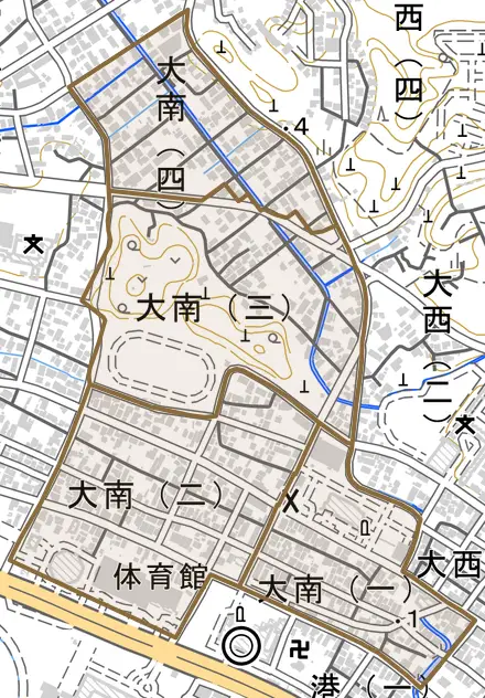 大南とその周辺の地図。町の範囲を重ねている