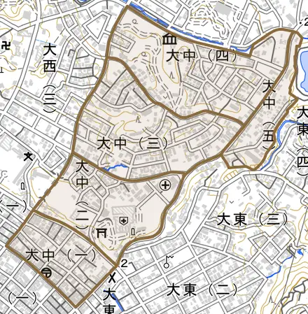 大中とその周辺の地図。町の範囲を重ねている