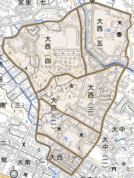 大西とその周辺の地図。町の範囲を重ねている