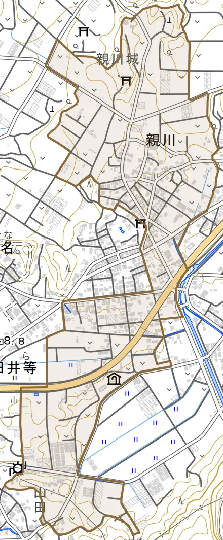 字親川とその周辺の地図。町の範囲を重ねている