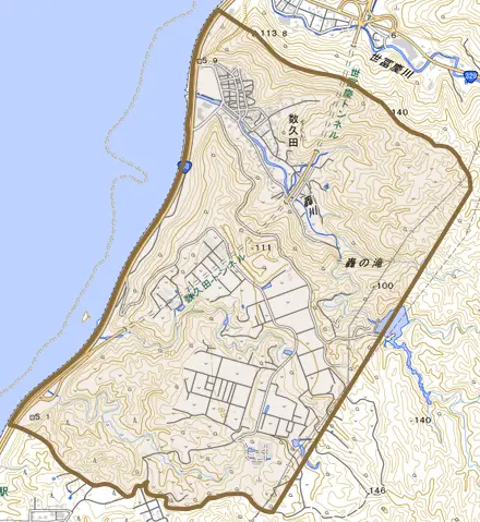 字数久田とその周辺の地図。町の範囲を重ねている