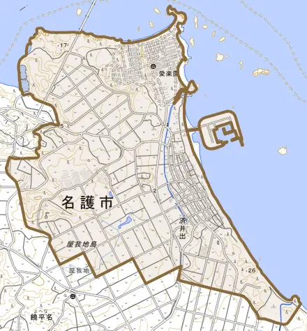 字済井出とその周辺の地図。町の範囲を重ねている