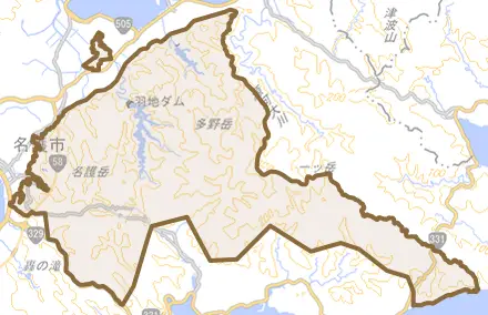字田井等とその周辺の地図。町の範囲を重ねている